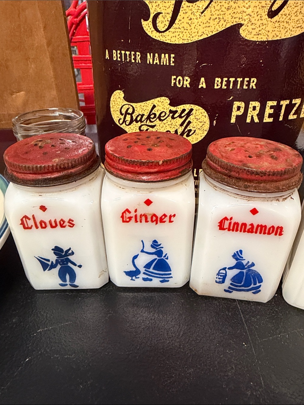 Vintage Milk Glass Spice Jars with Red Lids - Cloves Ginger Cinnamon